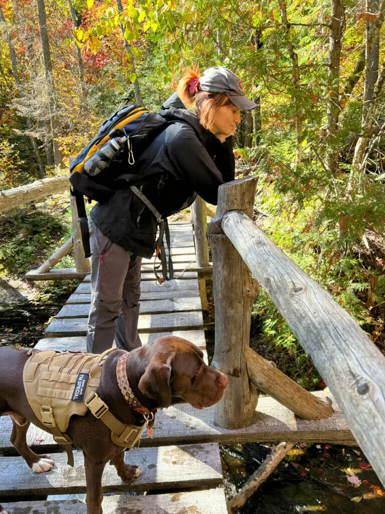 Kristyna Horankova walks in the forest with her dog.